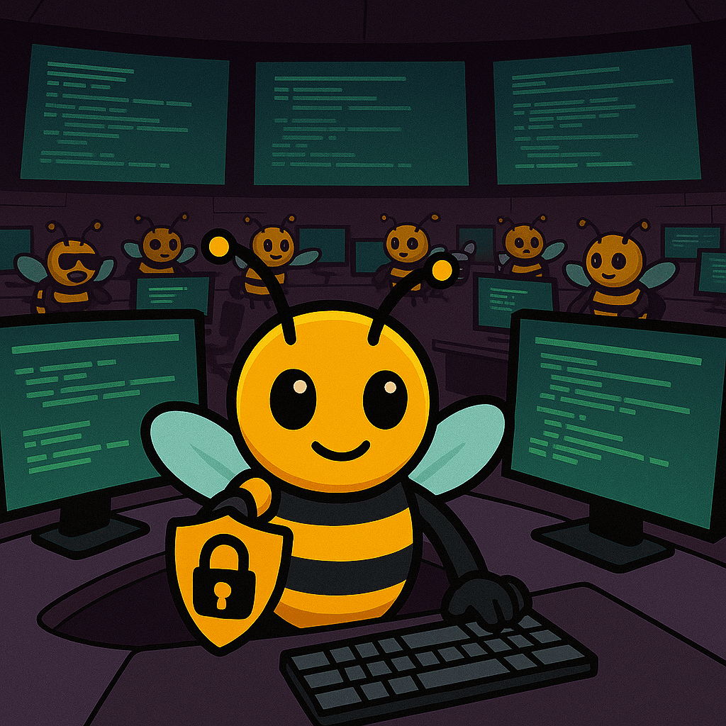 HoneyBot in his security command center surrounded by monitoring systems